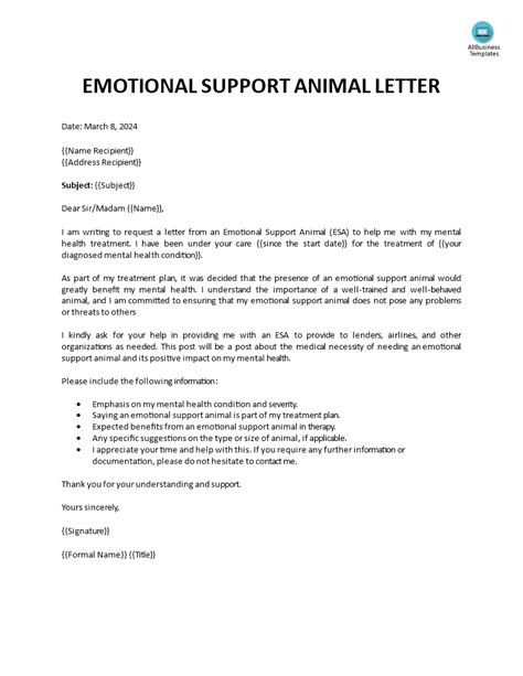 Emotional Support Animal Letter