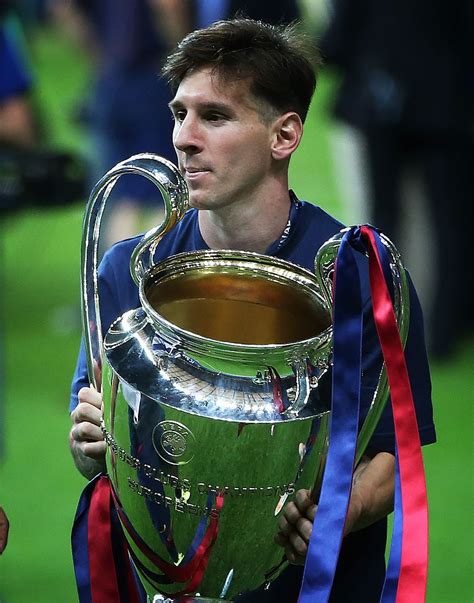Messi Holding the Champions League Trophy