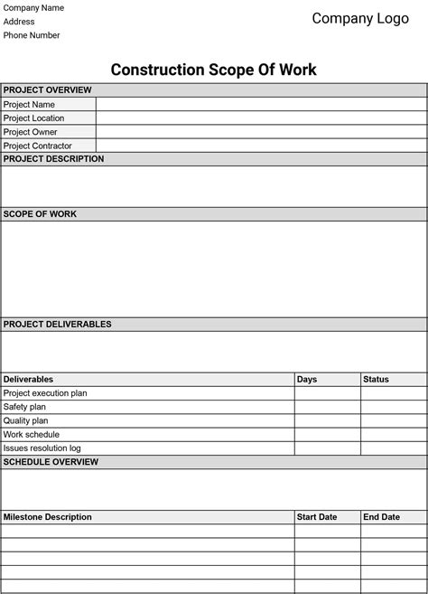 Construction Project Scope of Work Template