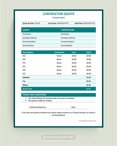 Contractor quote template examples