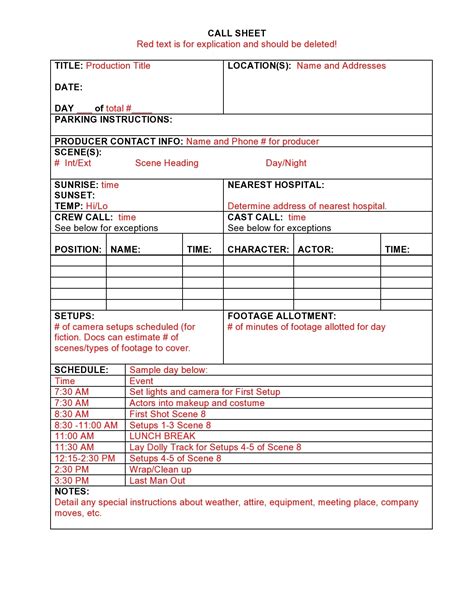 detailed call sheet template