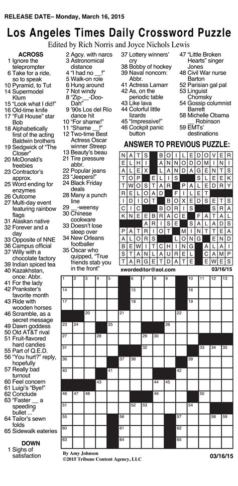 LA Times Crossword Puzzle Solutions