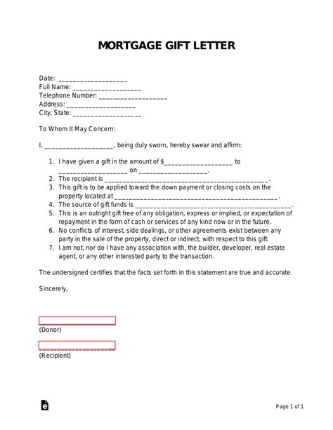 Mortgage Gift Letter Example