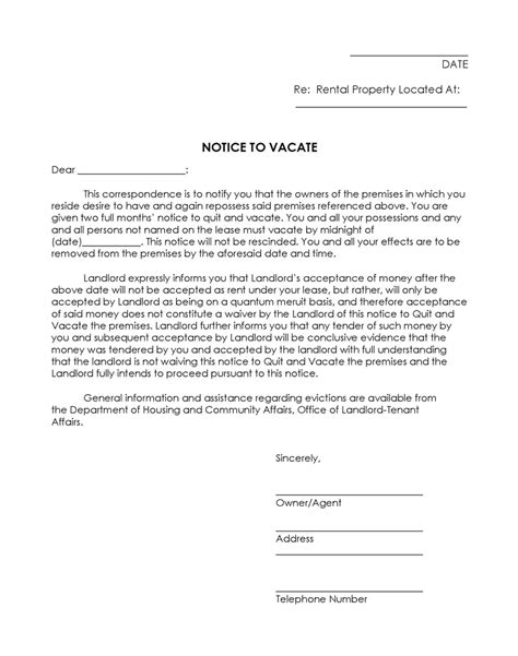 Notice to Vacate Terms and Conditions