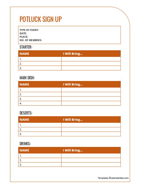 Potluck Sign Up Sheet Template