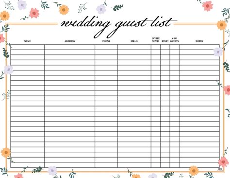 wedding guest list template rsvps